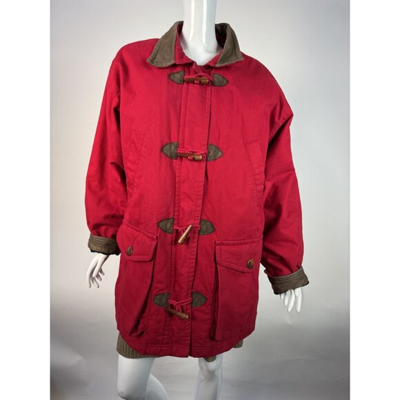 Lands End Womens Red Duffle Coat Medium 10/12 Genuine Leather Trim Vintage Style - Picture 7 of 16